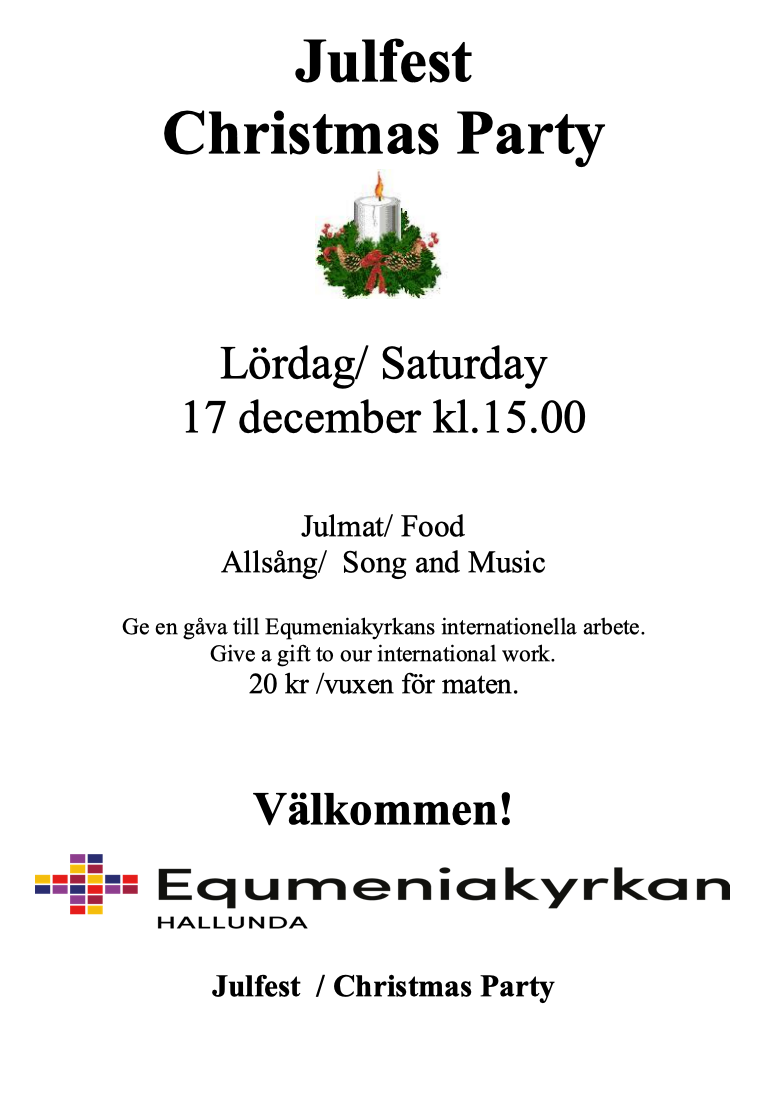 Affisch med text om julfesten samt dekoration i form av ett tänt stearinljus med granris, kottar mm runtom det.